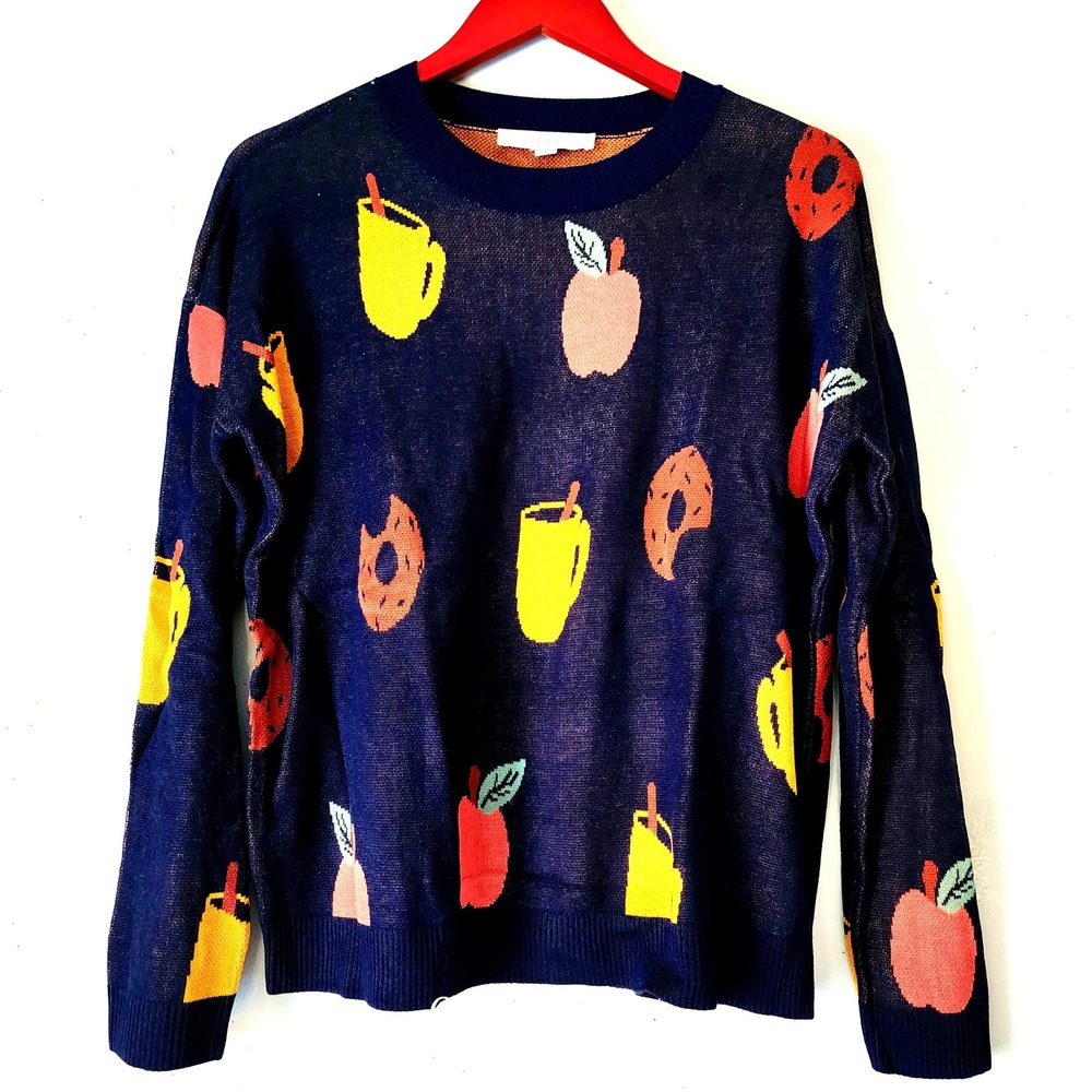 LOFT Navy Blue‎ Novelty Print Sweater M Coffee/Mugs/Apples/Donuts Artsy Eclectic